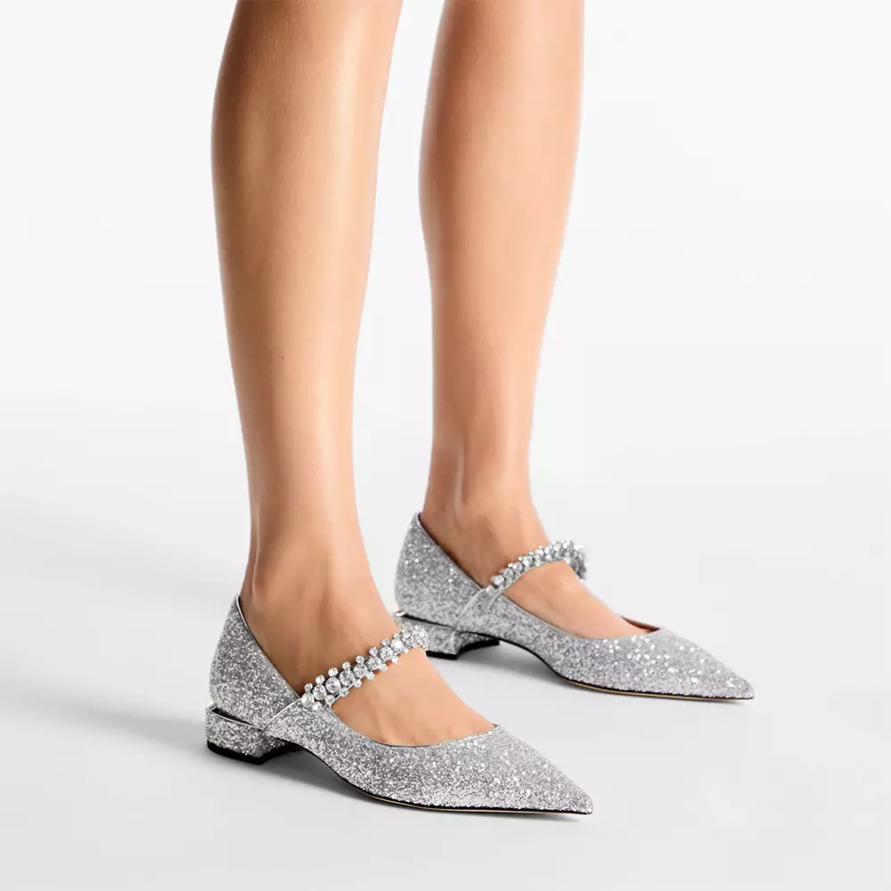 [4.4PRIL KEJUTAN HARGA] Bing 25 Crystal Strap Glitter Fabric Flat Pumps Silver