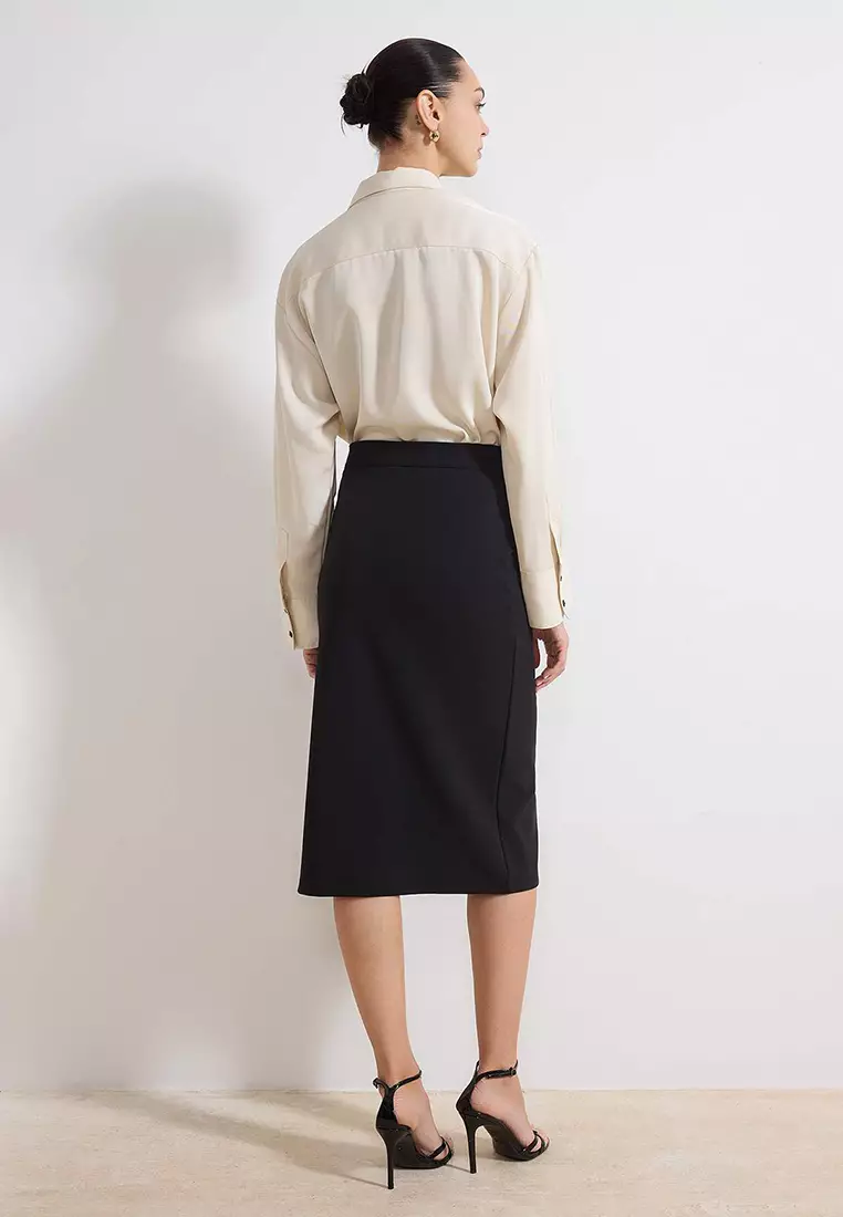 Black Pencil Accessory Detailed Regular Waist Midi Scuba Crepe Knitted Skirt Twoss26Et21