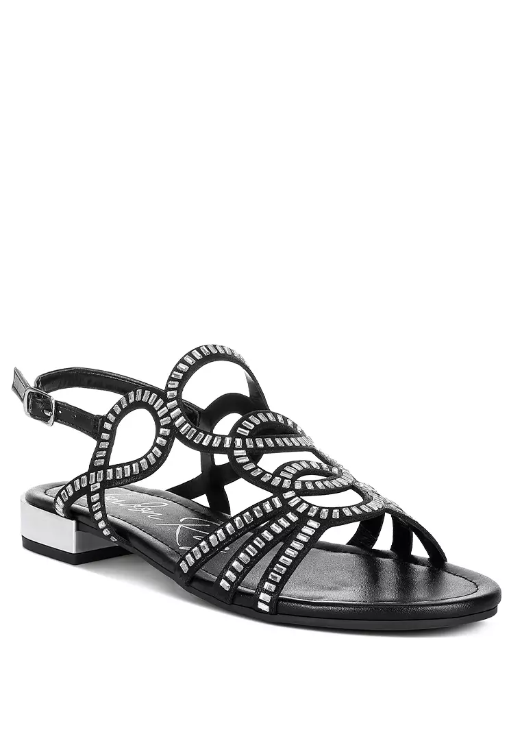 Cut Out Detail Rhinestone Flat Sandals in Black