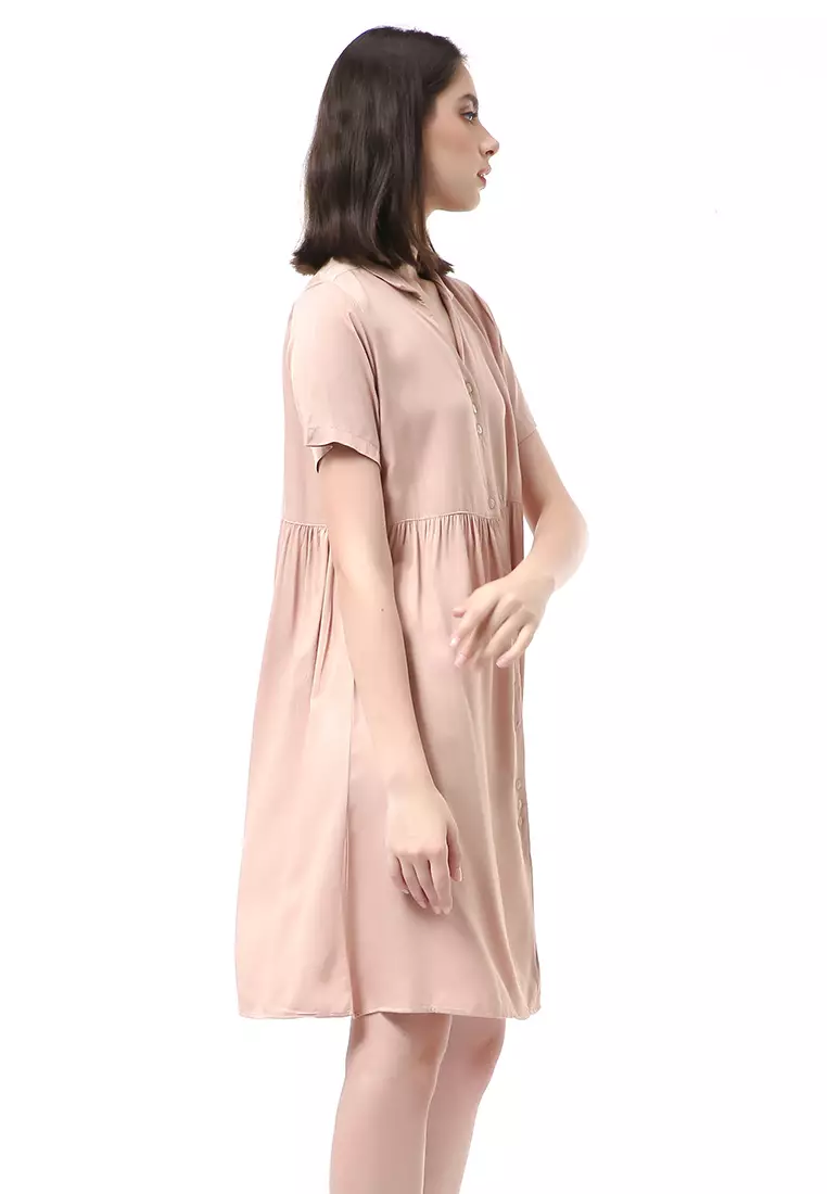 Rachel Dress Wanita Lengan Pendek Full Kancing Stylish Material Cotton ORIGINAL - Choco Pink