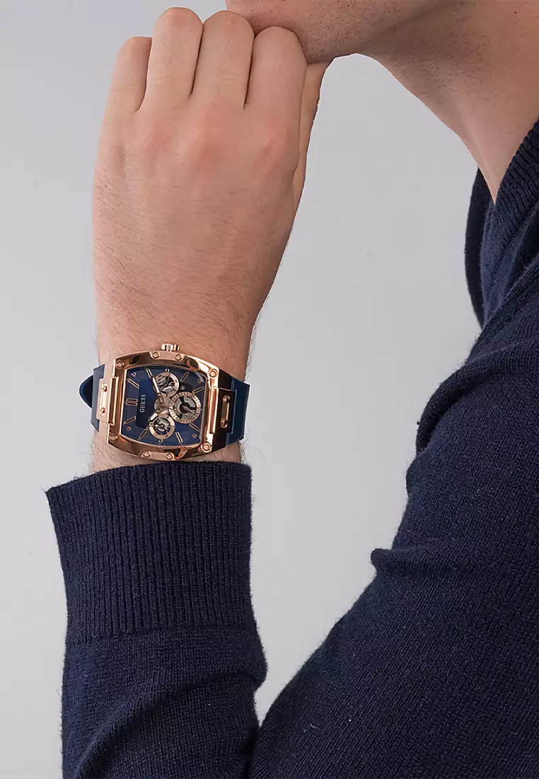 Guess GW0202G4 - Jam Tangan Pria - Rosegold Tone Case - Blue Leather Silicone Strap