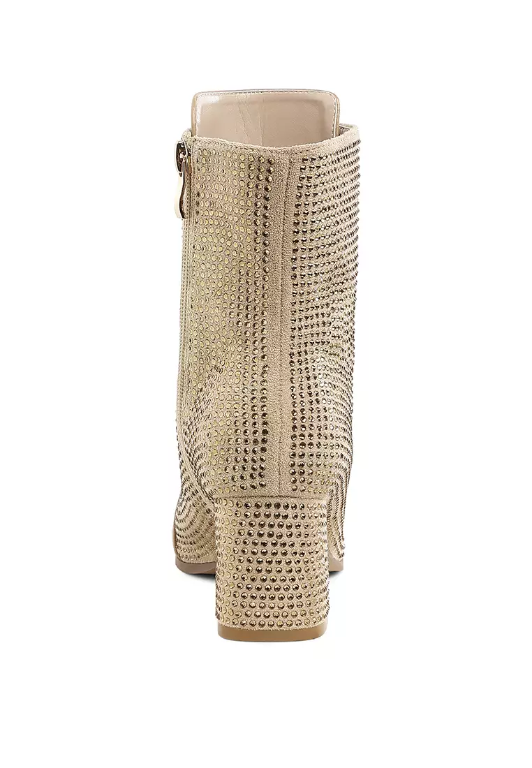 Rhinestone Embellished Ankle Boots In Beige