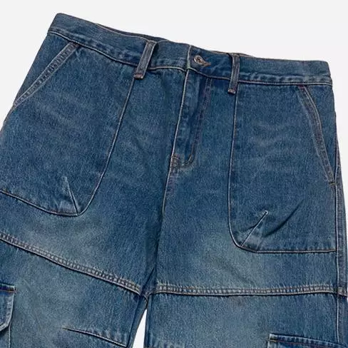 WIDE DENIM FATIGUE CARGO PANTS BLUE