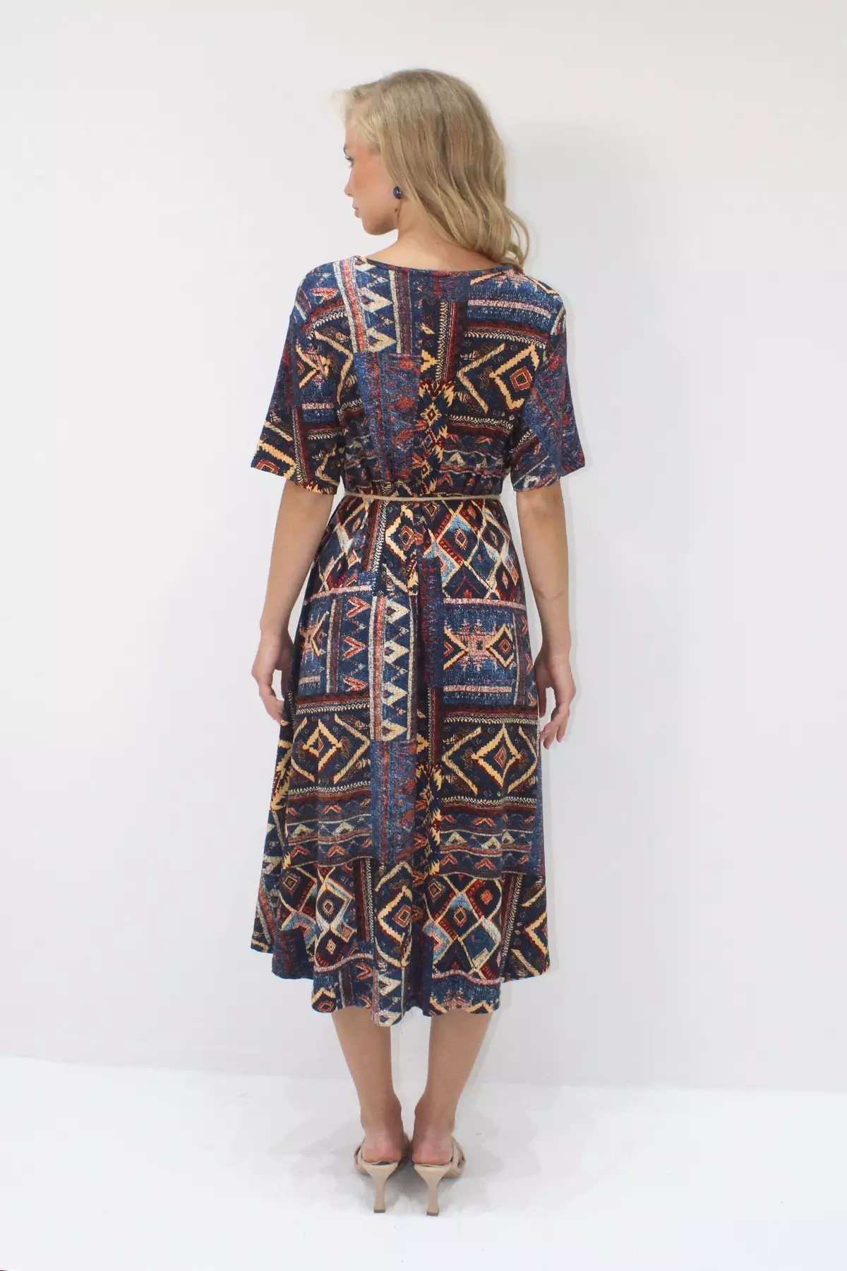 Women's Navy Blue Boat Neck Patterned Midi Length Relaxed Fit Viscose Dress Alc-X14208