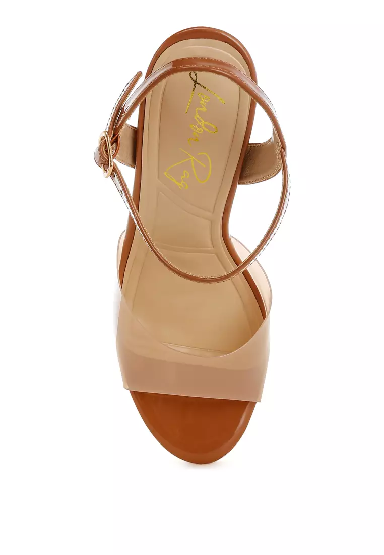Tinted Clear Strap Block Heel Sandals in Tan