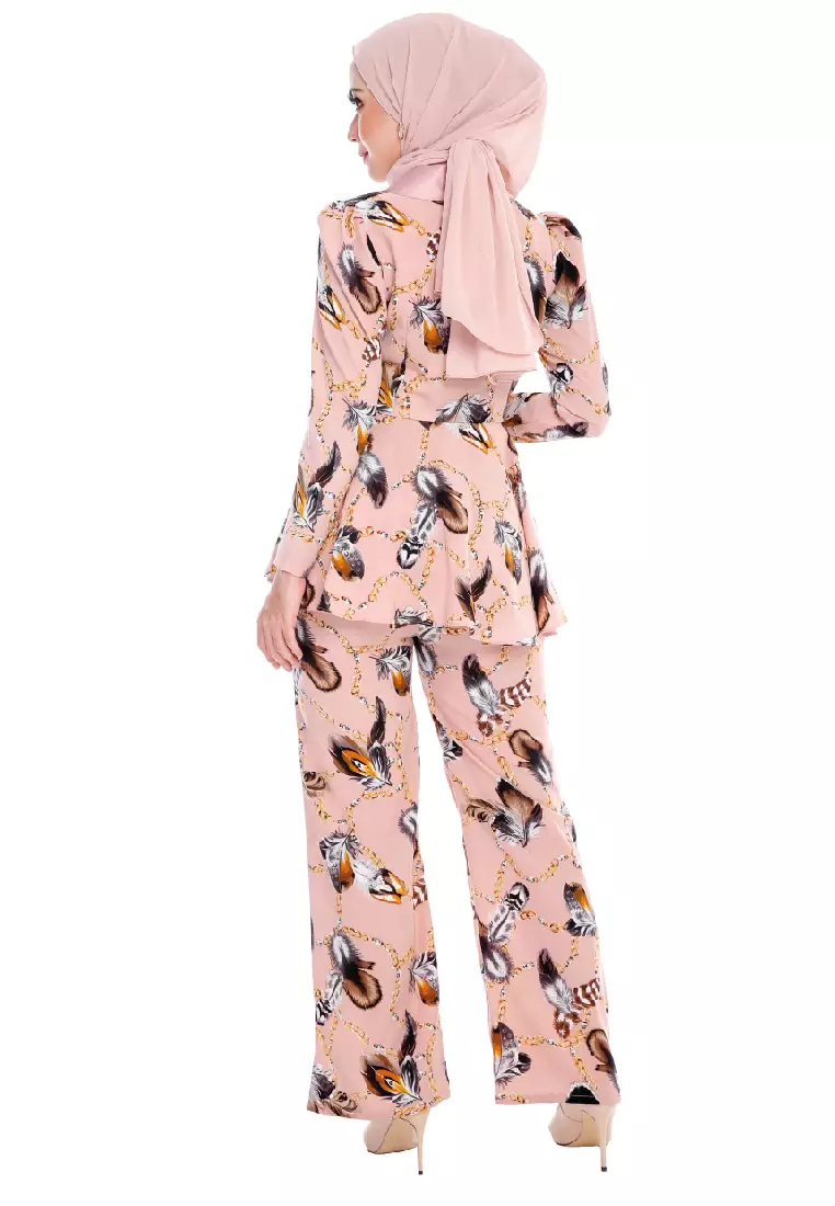 Anggun Beige Brown Blazer Peplum Top Suits Palazzo Pants