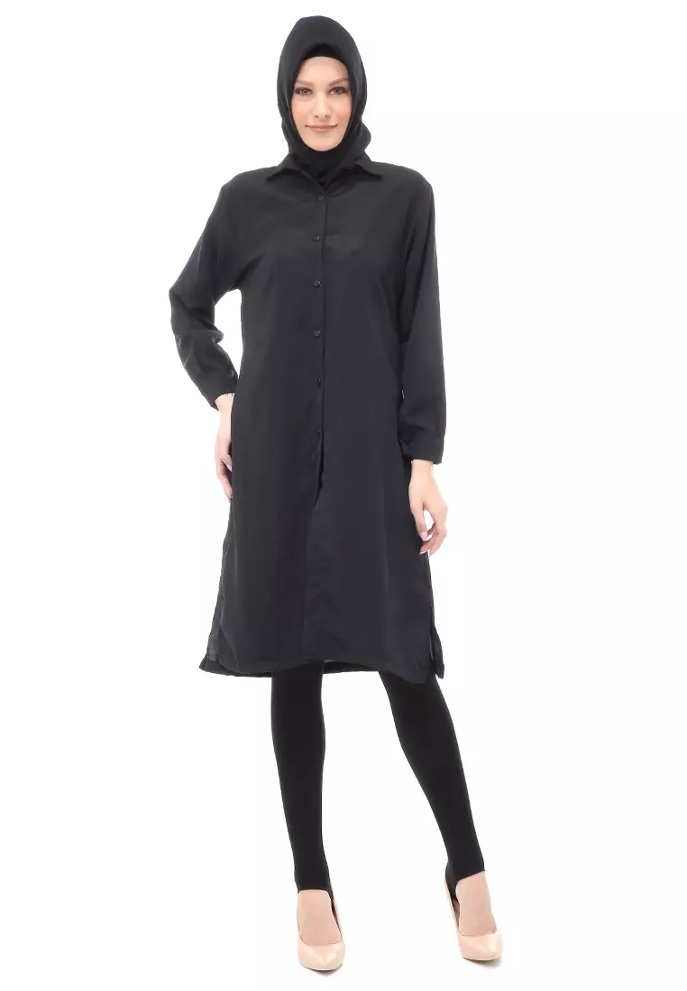 Septiyani Tunik Atasan Wanita Motif Polos Long Sleeve Regular Fit - Black