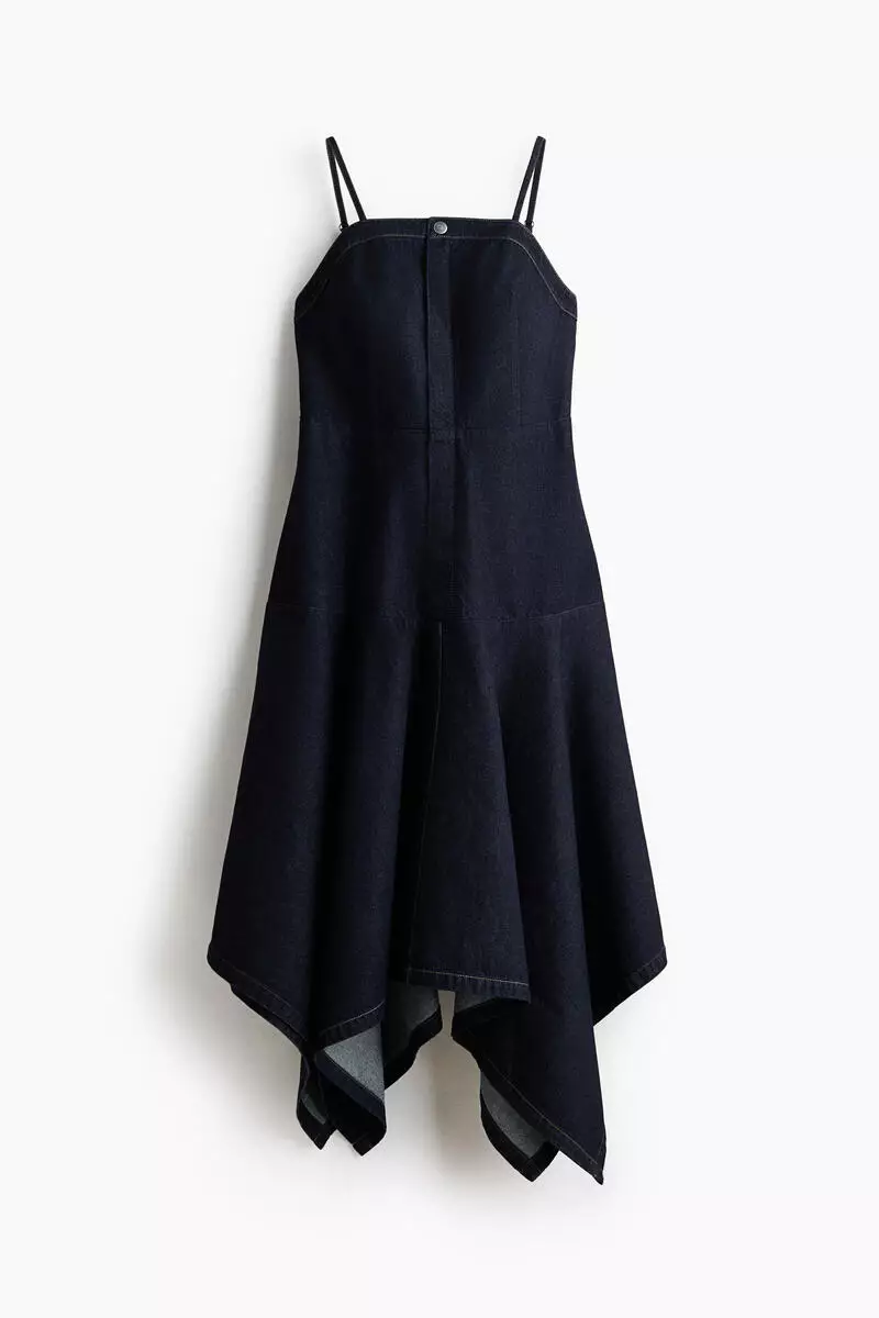 Asymmetric denim strappy dress