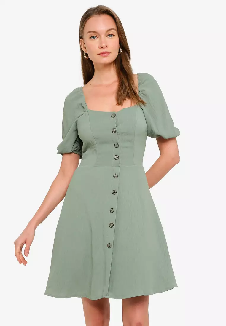 Sage Puff Sleeve Button Mini Dress