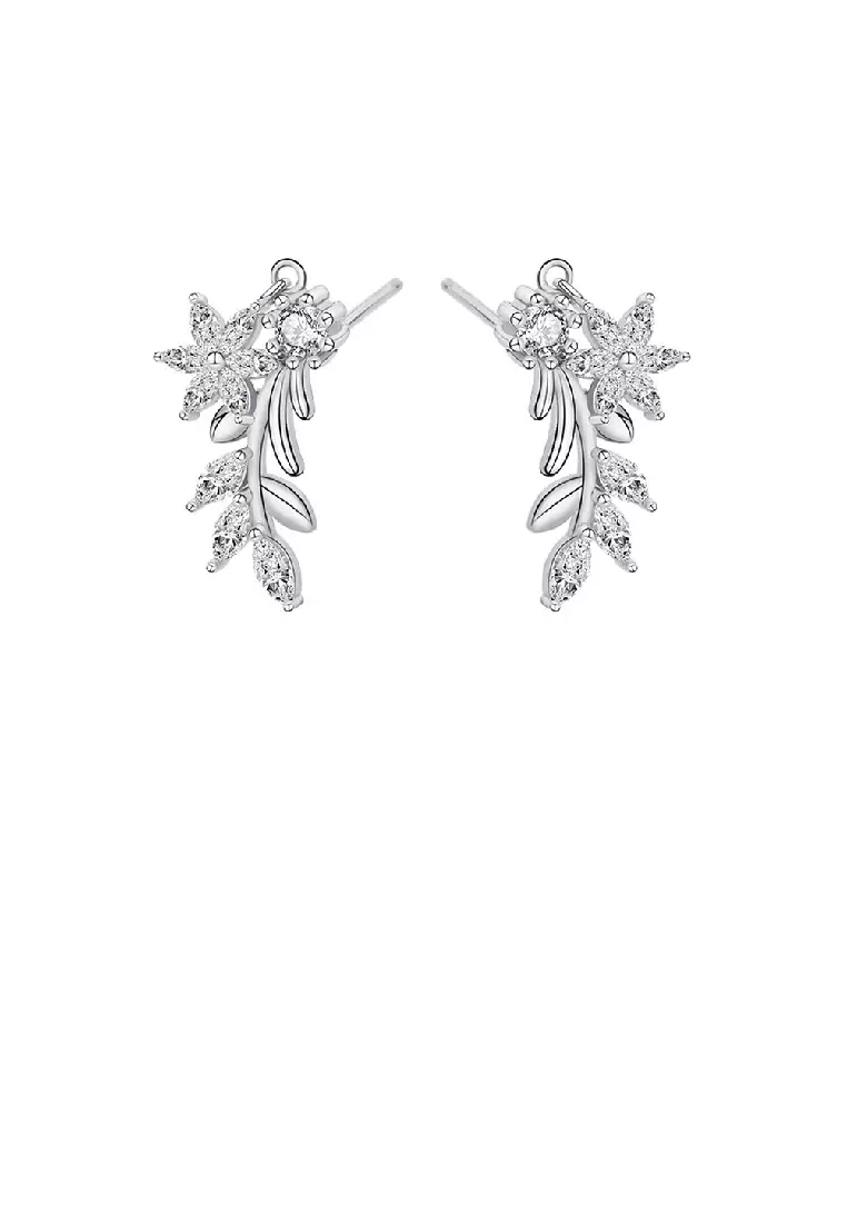 925 Sterling Silver Fashion Temperament Flower Leaf Stud Earrings with Cubic Zirconia Luxurious Look