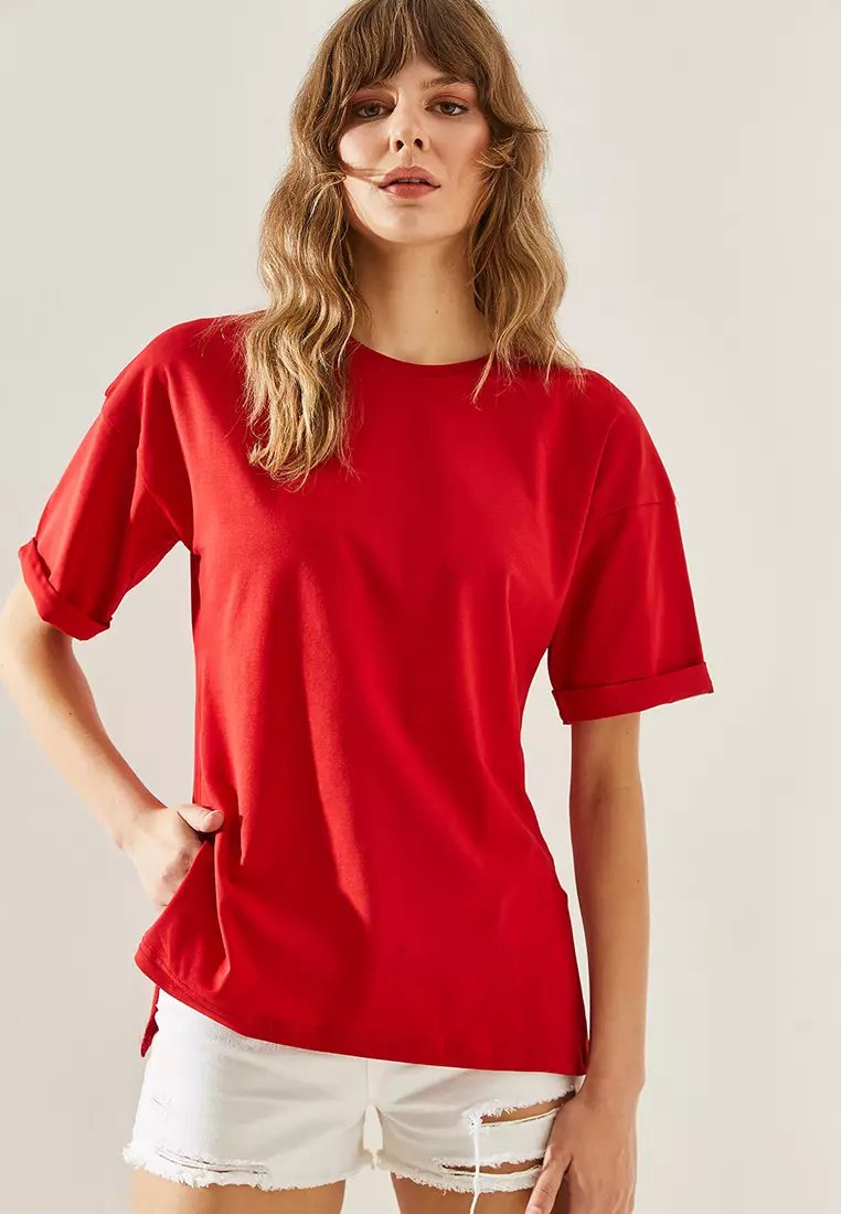 Side Slit Sleeve Folding Detailed Crew Neck Short Sleeve Basic T-Shirt