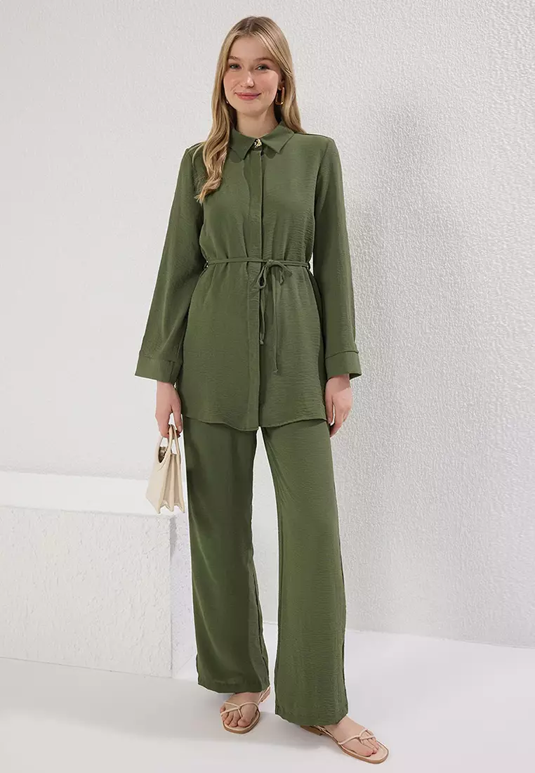 Khaki Waist Tie Detailed Aerobin Shirt-Pants Woven Bottom-Top Set TCTSS25US00034