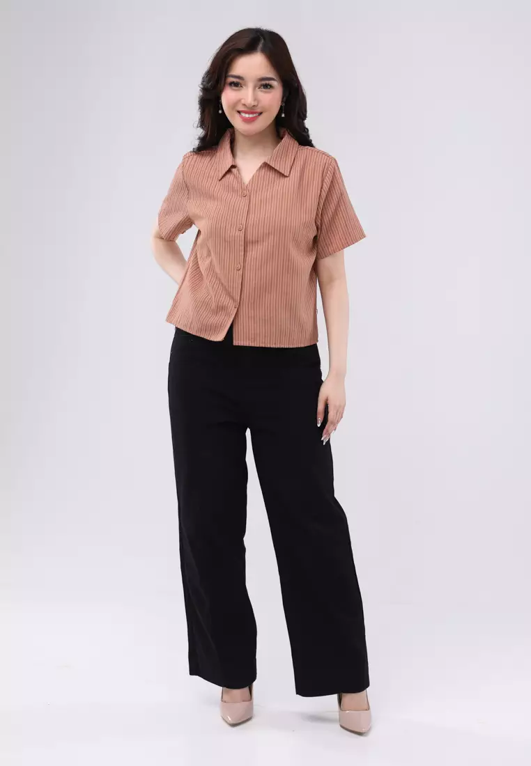 Woven Stripes Short Sleeves Collared Blouse