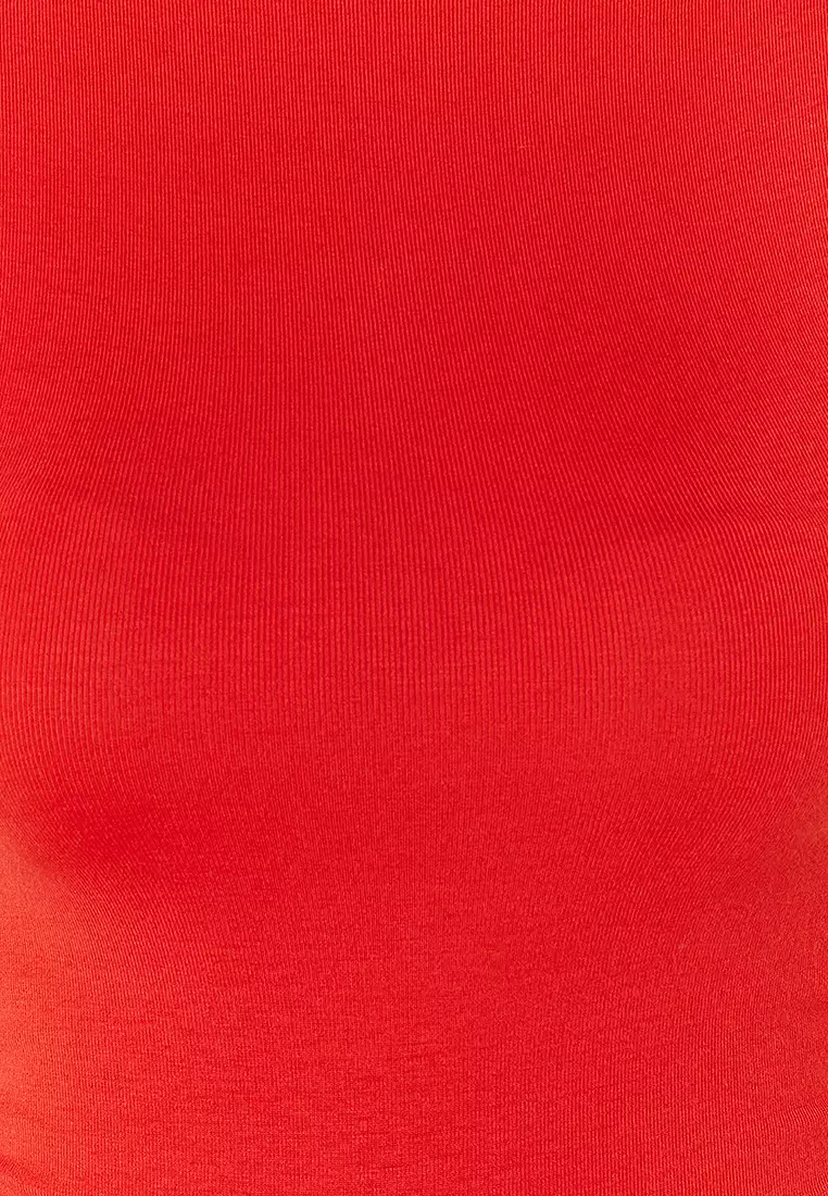 Red Stand Collar Gather/Drape Detailed Fitted/Asymmetrical Knitted Blouse