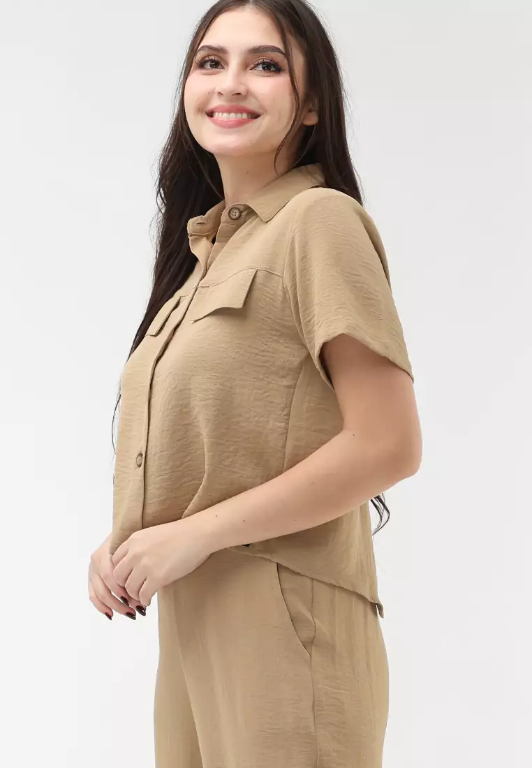 Wrinkled Thick Woven Short Sleeves Terno Pants