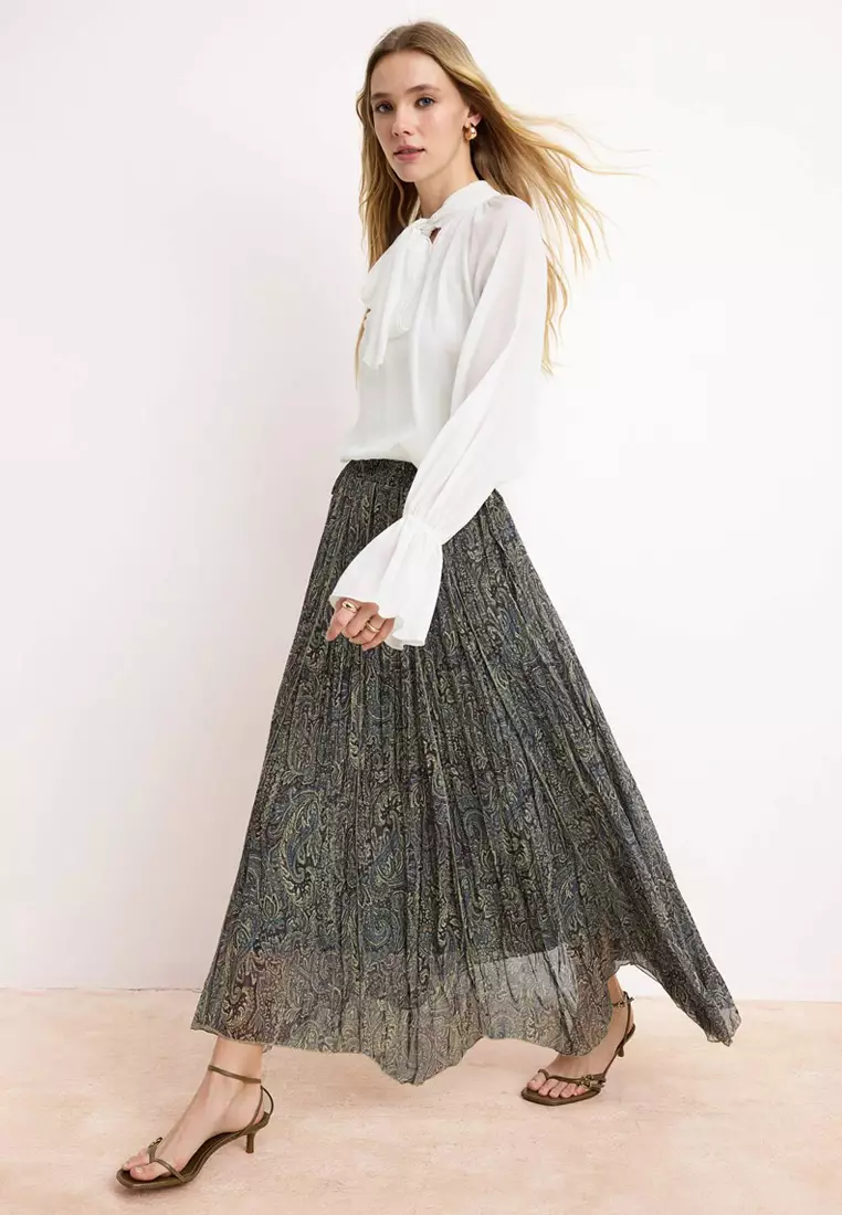 Khaki Chiffon Pleated Lined Ethnic Patterned Maxi Skirt Tctss26Ee00007
