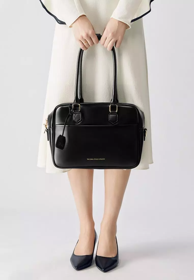 Margaret M Women's Black Top Handle Handbag: 2-in-1 Microfiber Leather Travel Business Bag (Tablet compatible std. size 10")