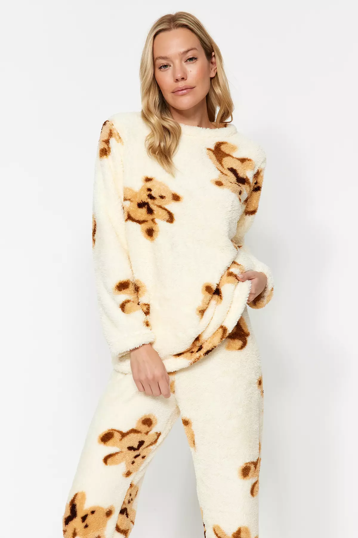 Ecru Multied Teddy Bear Wellsoft Winter Knitted Pajamas Set