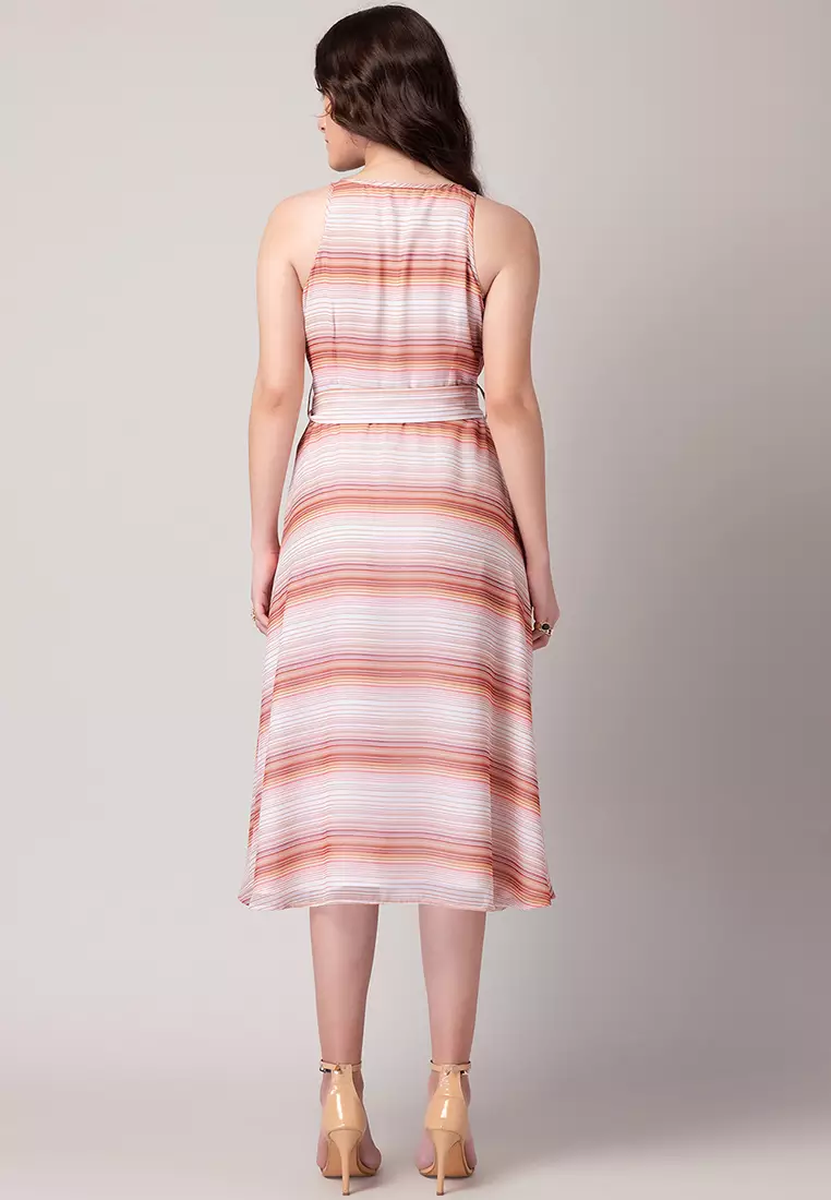 White Striped Midi Dress With Belt