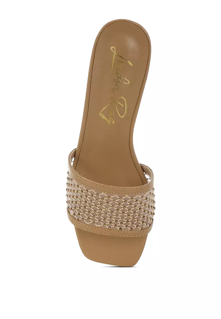 Rhinestone Studded Slip-On Heels In Beige
