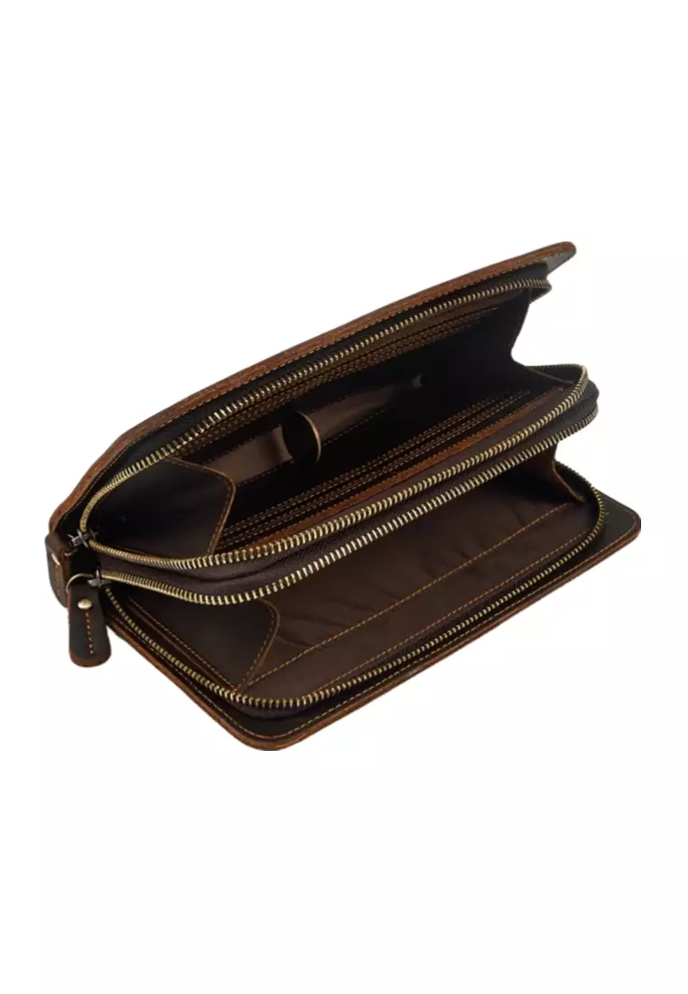 Men's Vintage Genuine Leather Double Zipper Clutch Purse Long Wallet