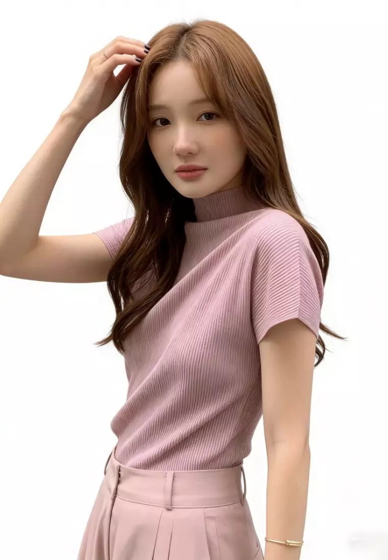 Half Mock Neck Textured Short Sleeve T-Shirt CA26031922PI