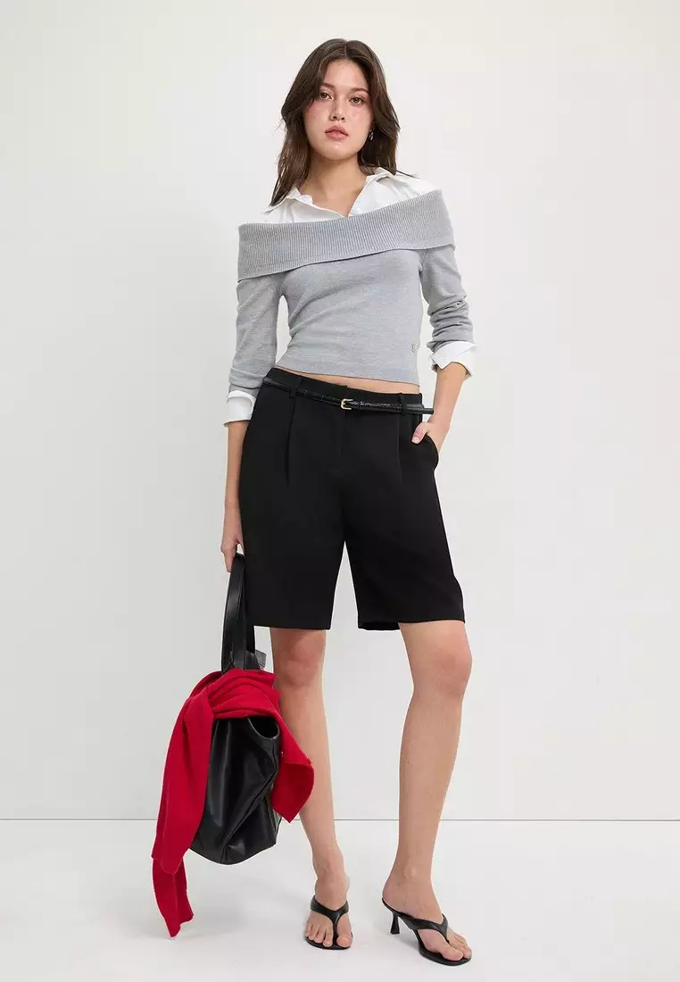 Off-the-Shoulder Layered Knit Sweater with Collared Shirt Insert Detail - Light Grey