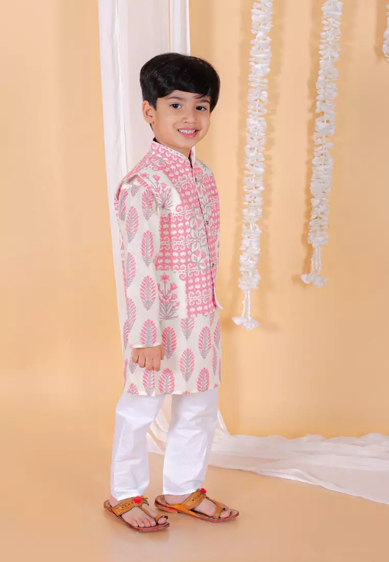 Gulaal Boys Floral Print Jacket And Kurta Pajama Set
