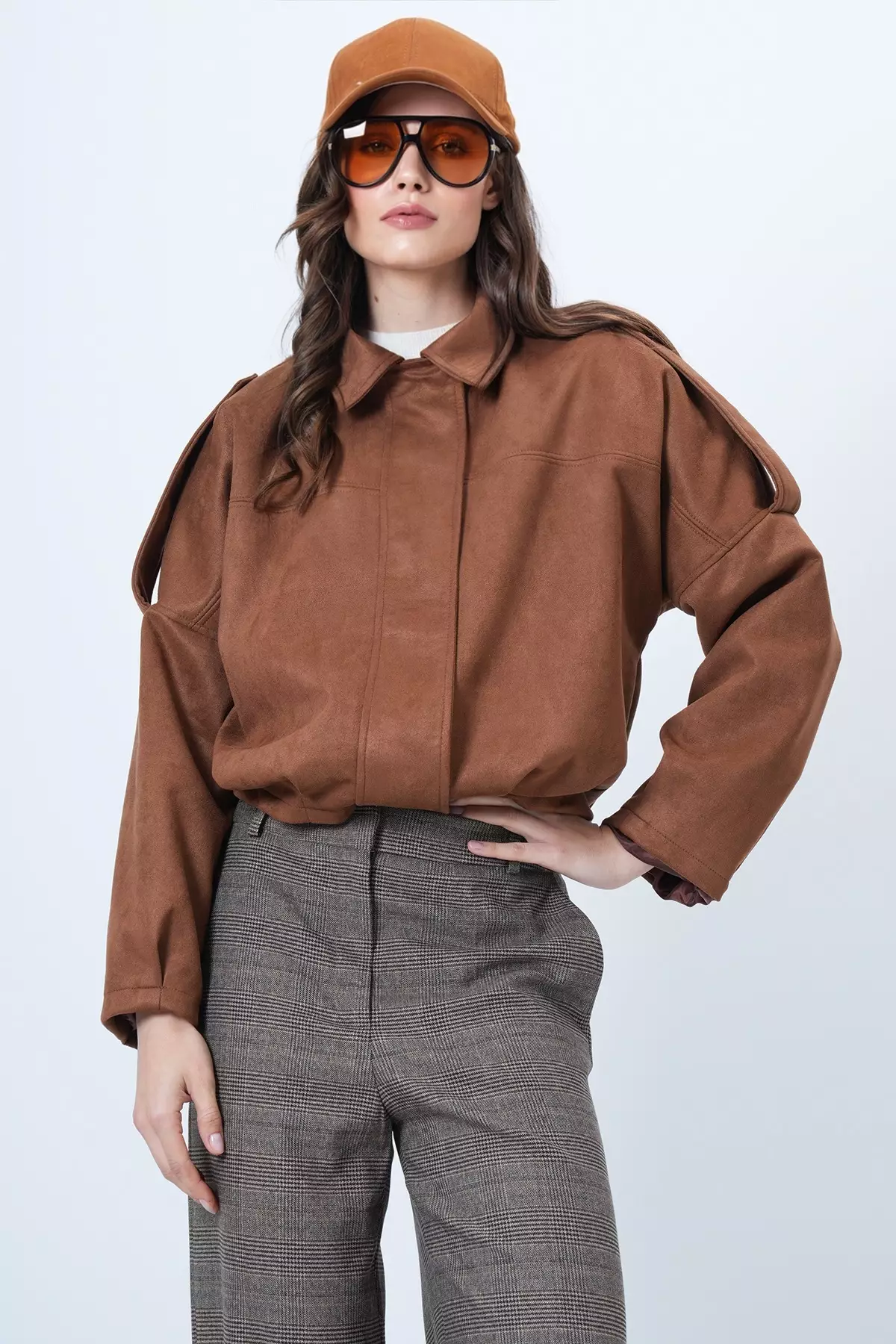 Brown Shoulder Epaulettes Lined Faux Suede Bomber Jacket Alc-X14526