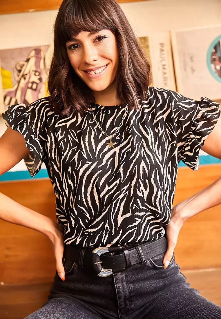 Black Zebra Sleeve Frilly Camisole T-Shirt