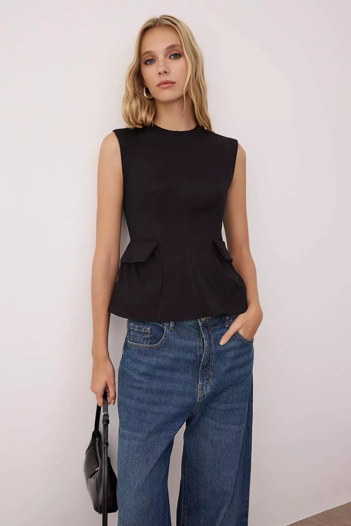 Black Cotton Gabardine Peplum Pocket Detailed Woven Blouse
