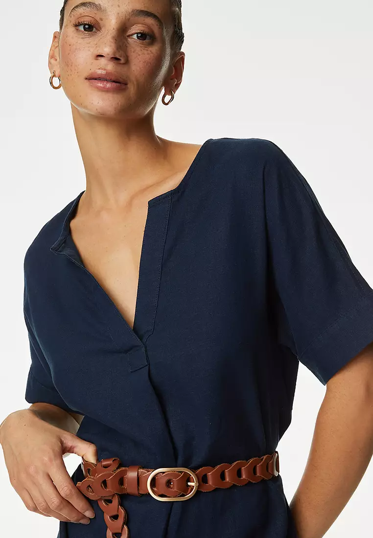 Linen Rich V-Neck Knee Length Shift Dress