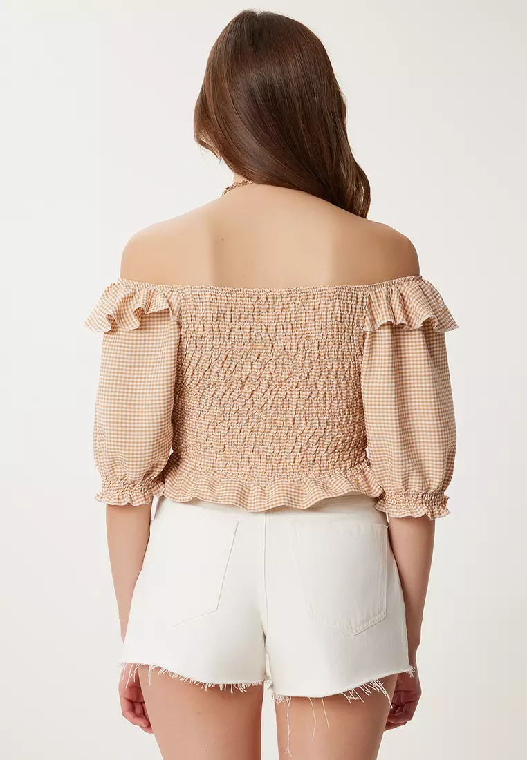 Women's Biscuit Check Stretchy Crop Woven Blouse Tp00070