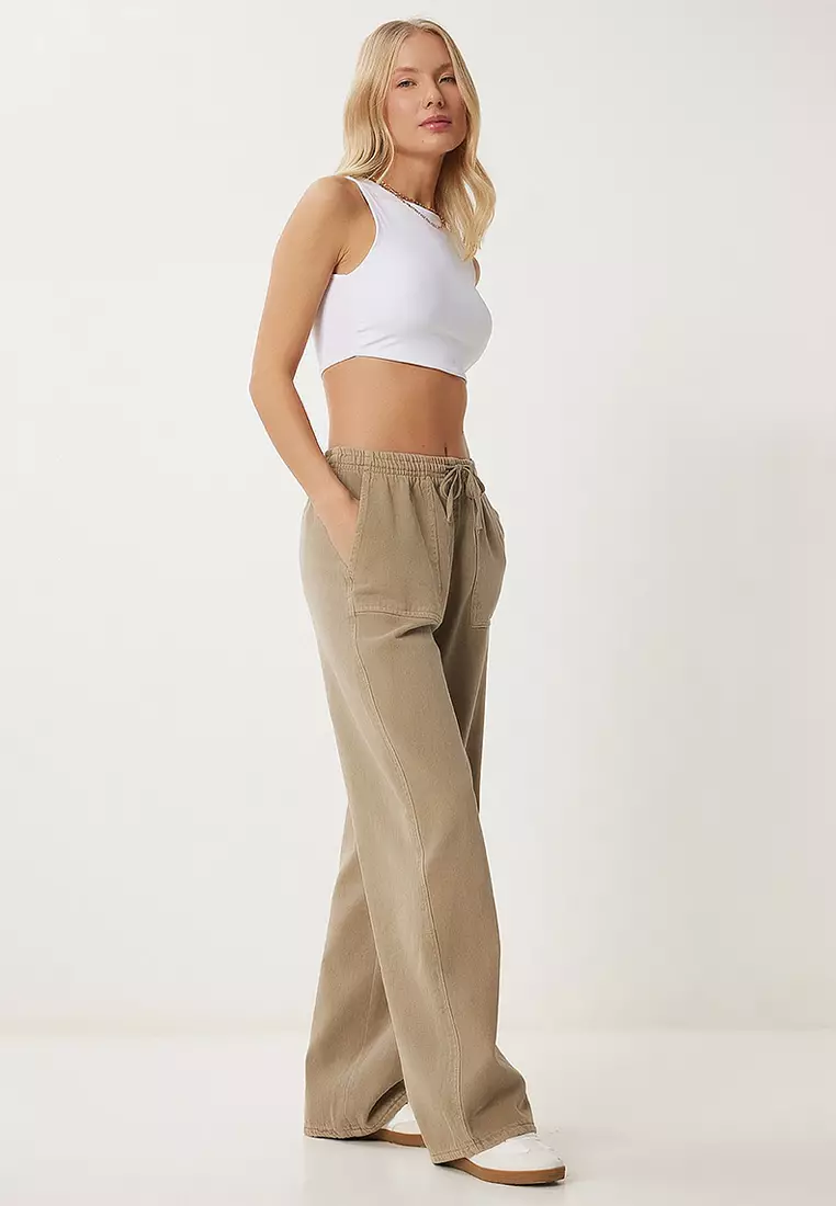 Faded Effect Wide Leg Denim Palazzo Pants