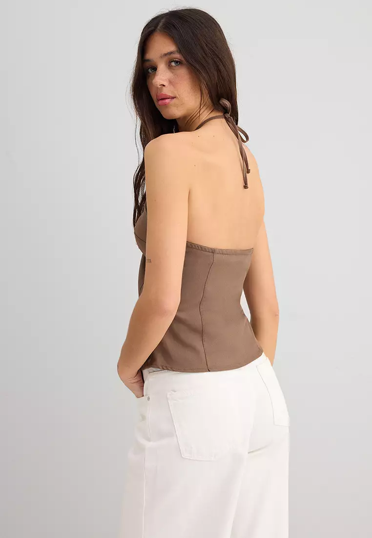 Light Brown Cotton Gabardine Halter Neck Fitted Woven Blouse TWOSS25BZ00536