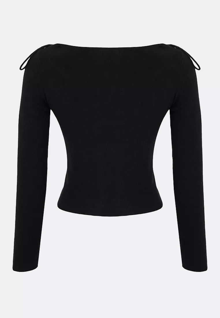 Black Premium Yarn/Special Yarn Fitted/Skin Fitting Crop/Short Knitwear Sweater