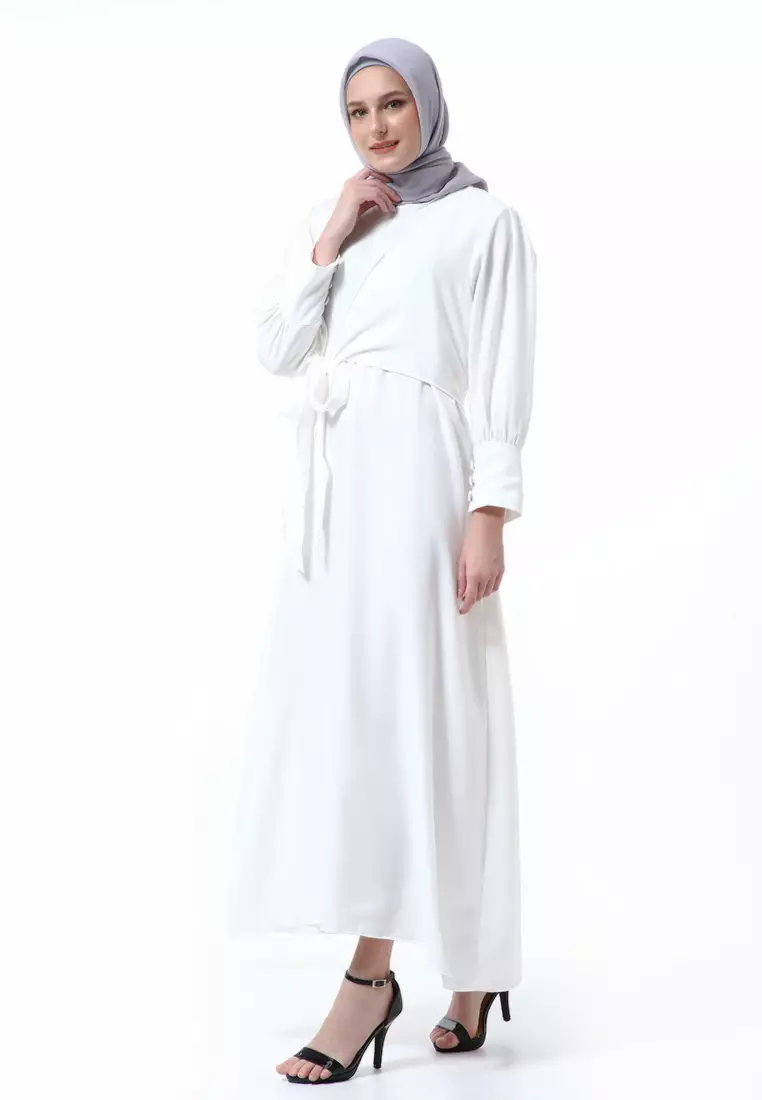 Alliyah Dress Gamis Muslimah Long Sleeve Model Balon Regular Fit Premium High Quality - Putih