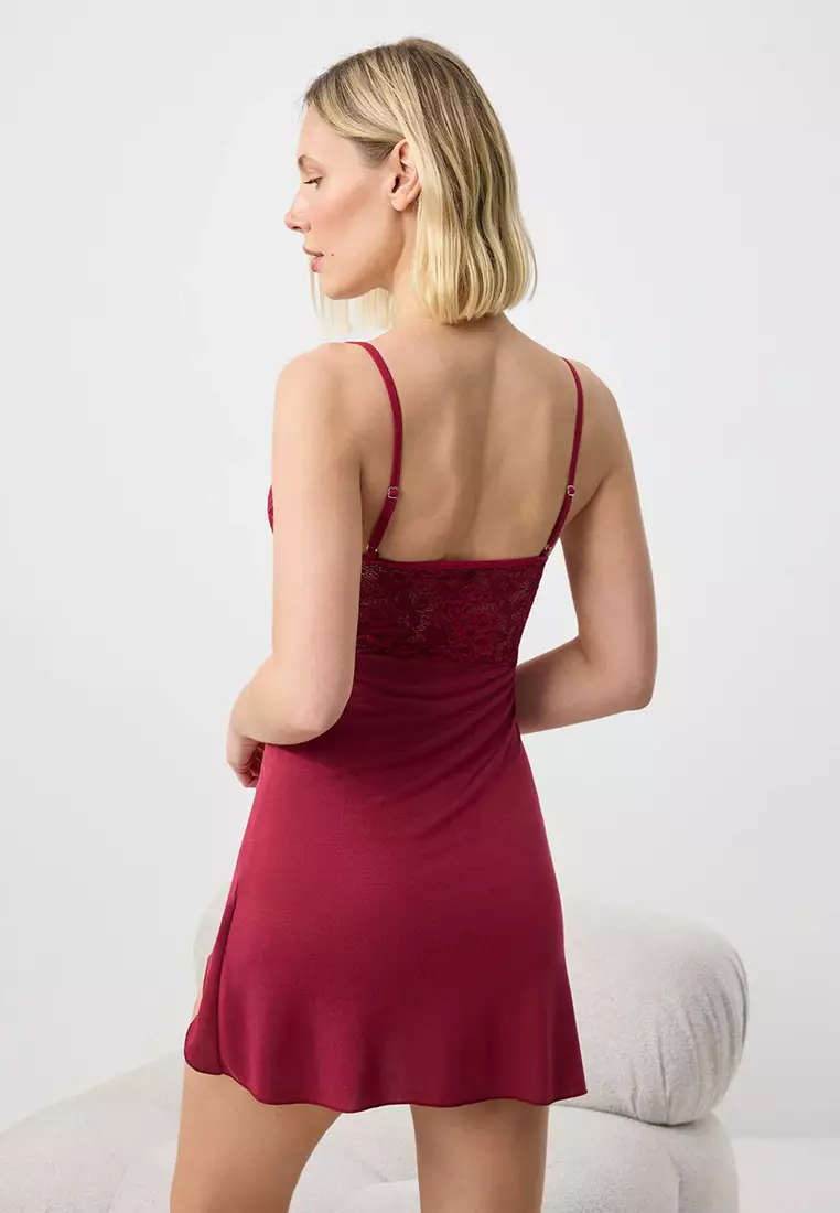 Burgundy 4-Piece Lace Detailed Dressing Gown + Nightgown + Bralet + Shorts Knitted Pajama Set Thmss26Pt93
