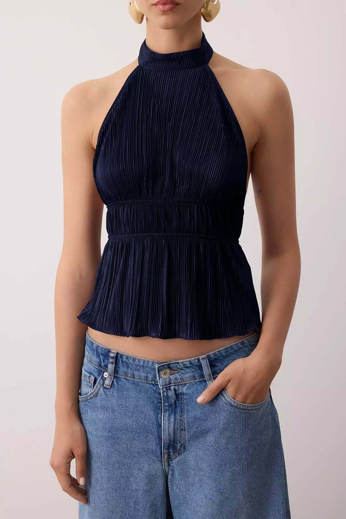 Navy Blue Half-Lined Halter Neck Textured Party Blouse