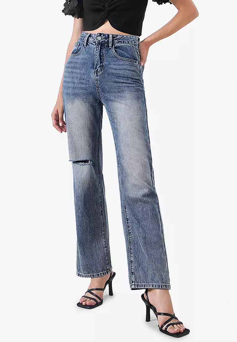 High Waist Raw Hem Frayed Ruffle Trim Flare Leg Jeans