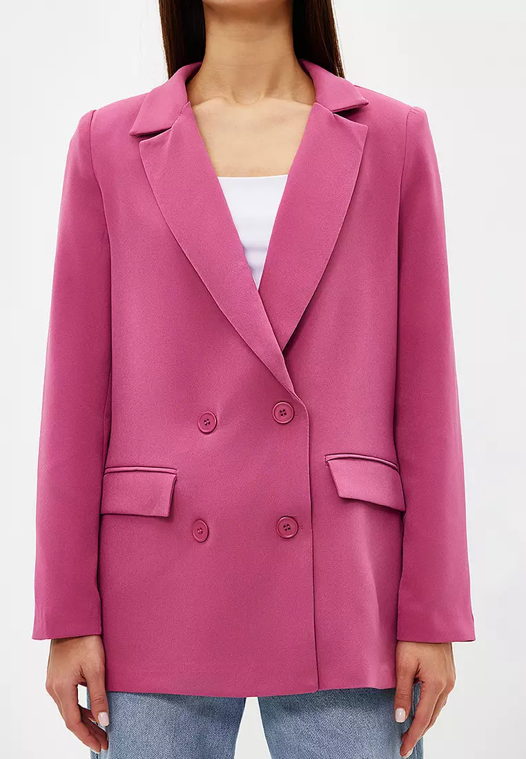Pink Regular Lined Double Breasted Closure Woven Blazer Jacket