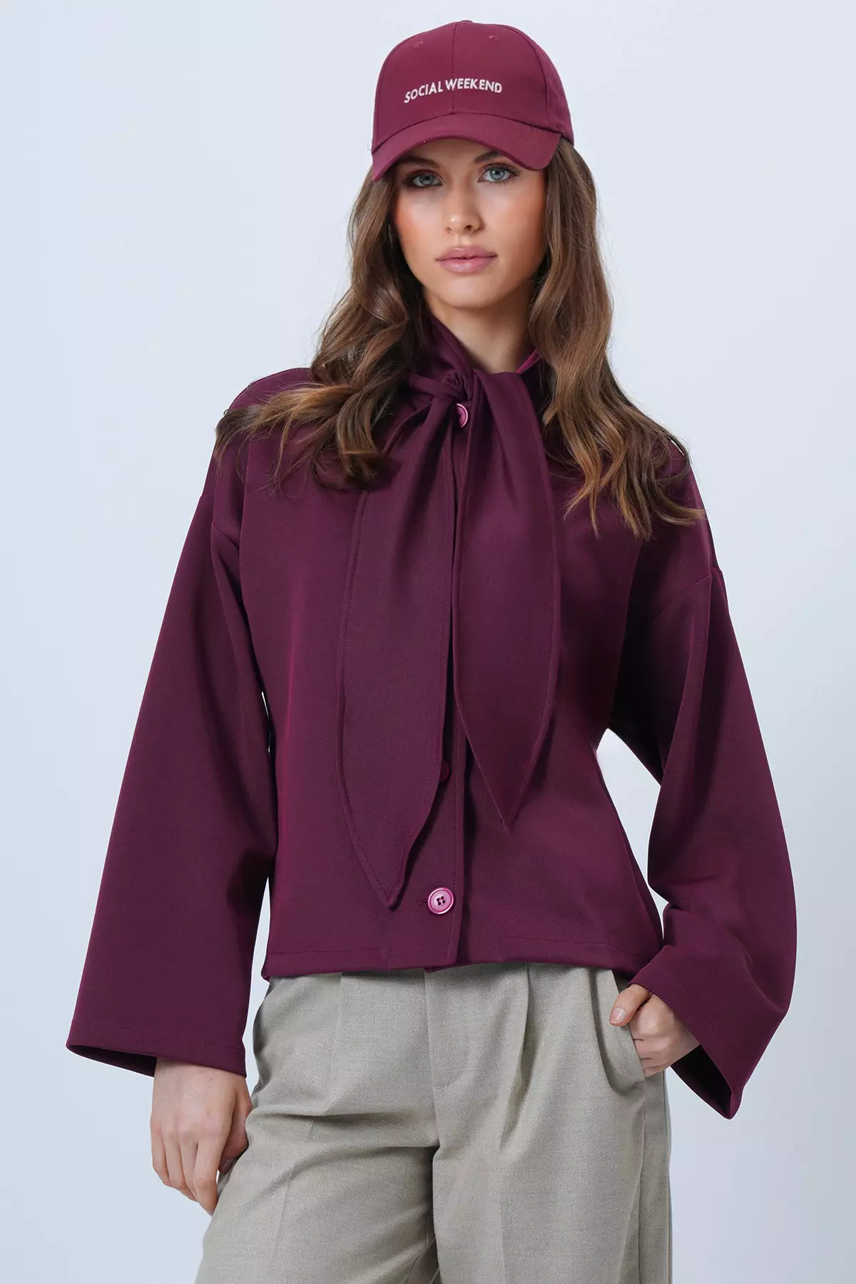 Plum Scarf Detailed Buttoned Jacket Alc-X14669