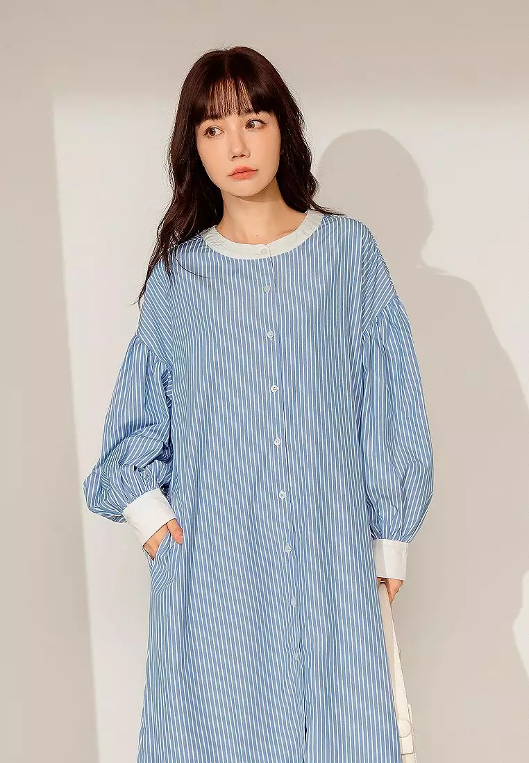 Striped Puff-Sleeve Long Open Top [DA9910]