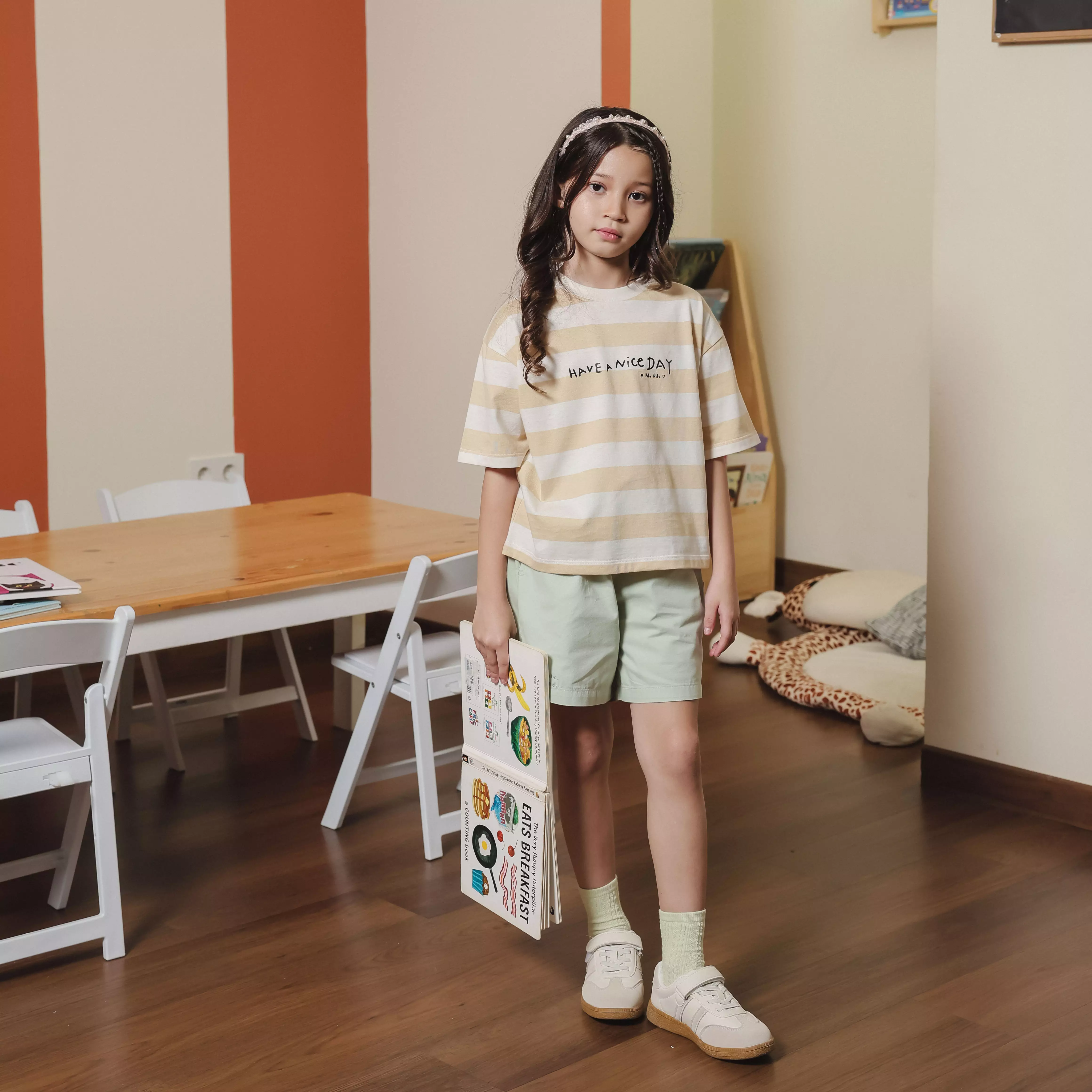Pito Dito Girl Severus T-shirt Pendek Anak Cream Motif Salur