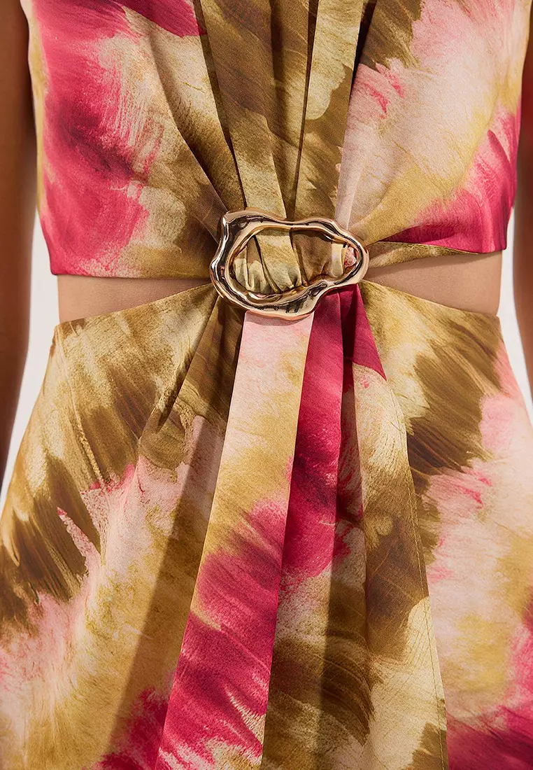 Multicolored Abstract Patterned Waist Low Cut Maxi Dress
