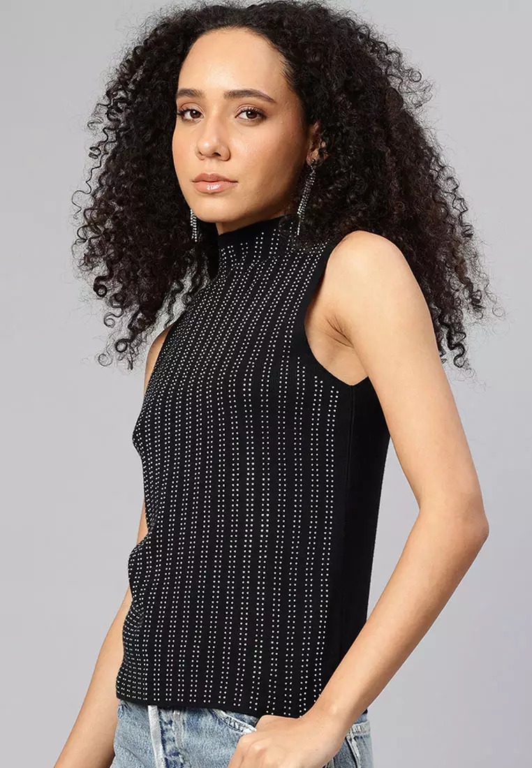 Sleeveless Sequin High Neck Top in Black