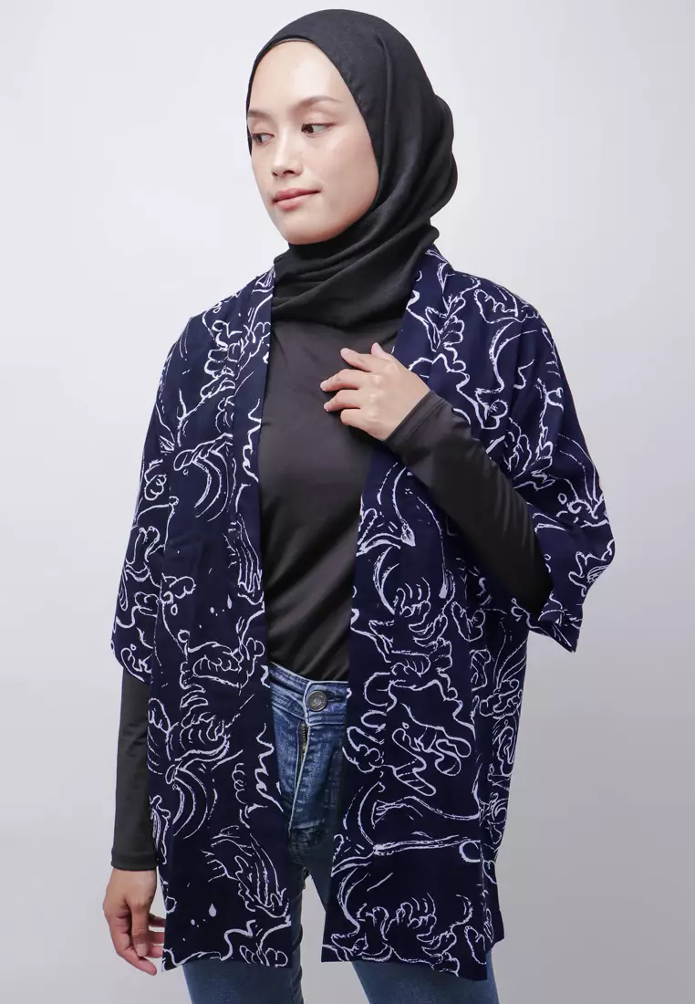 NTB03 KMN Kimono Outer Unisex Abstark 2 Navy Putih
