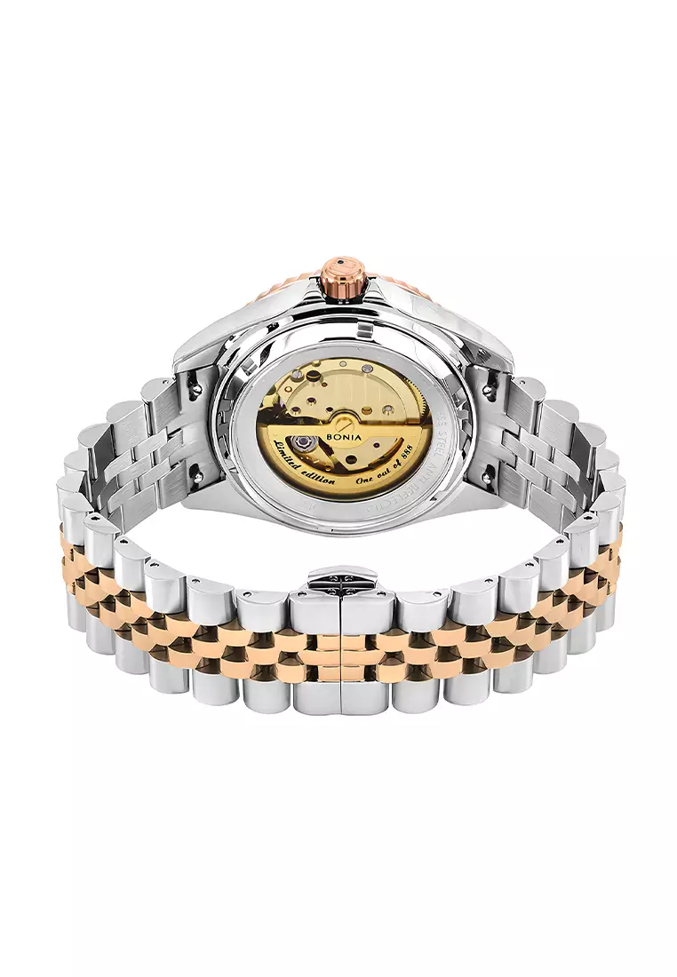 Bonia Sapphire Glass Automatic Limited Edition - Silver Rosegold - All Stainless Steel - BNB10718-1636LE