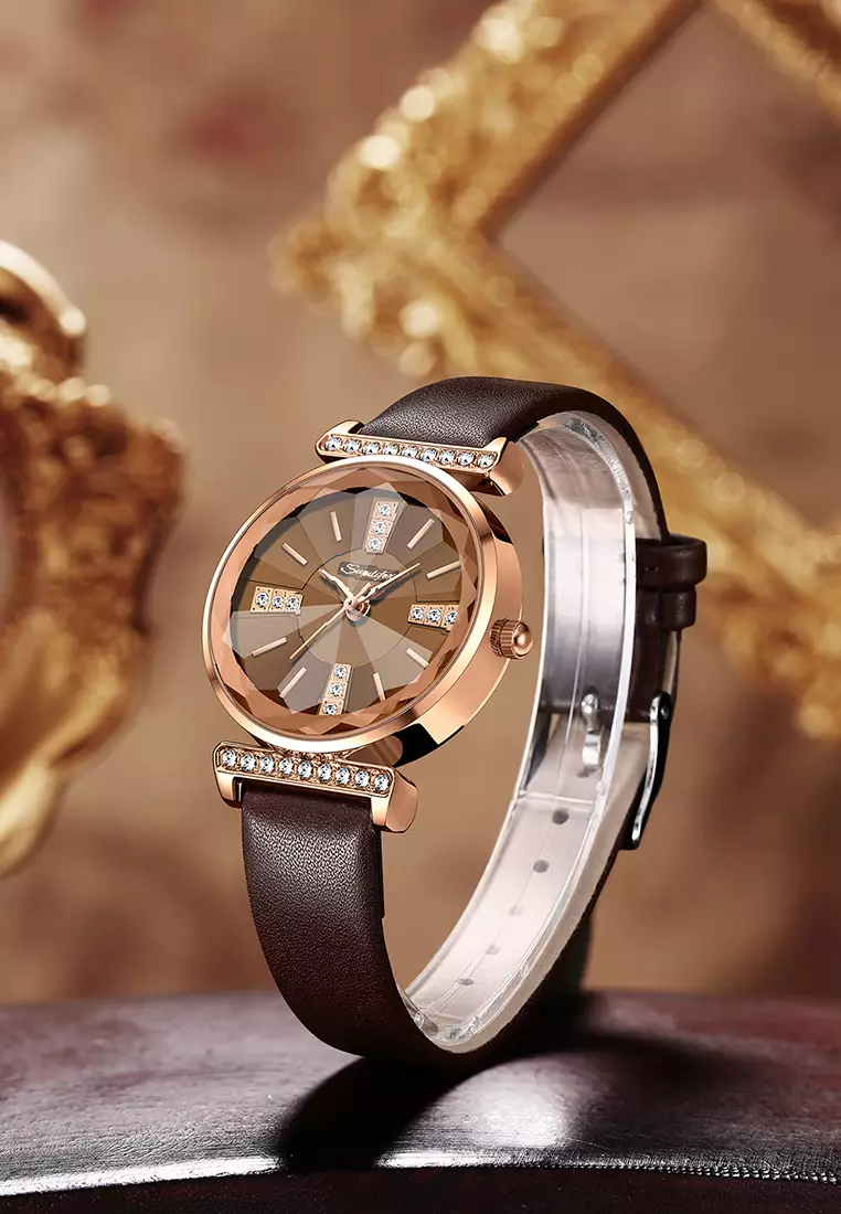 Jam Tangan Wanita Berlian Anggun Gaya Antik Tali Kulit Original Jam Tangan Cewek 8008 allbrown