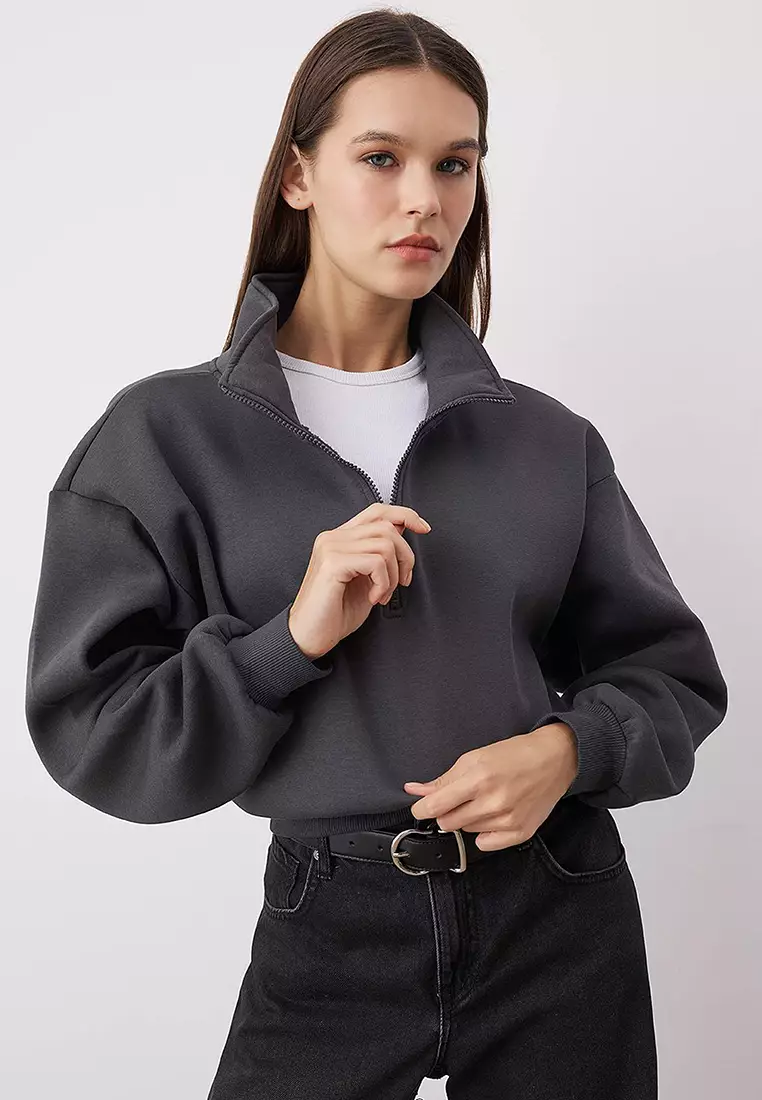 Anthracite Relaxed Cut Crop Zippered Stand Collar Thick Polar Fleece Knitted Sweatshirt